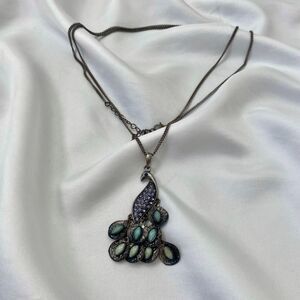 Early 2000's Chunky Silver Purple Green Peacock Necklace